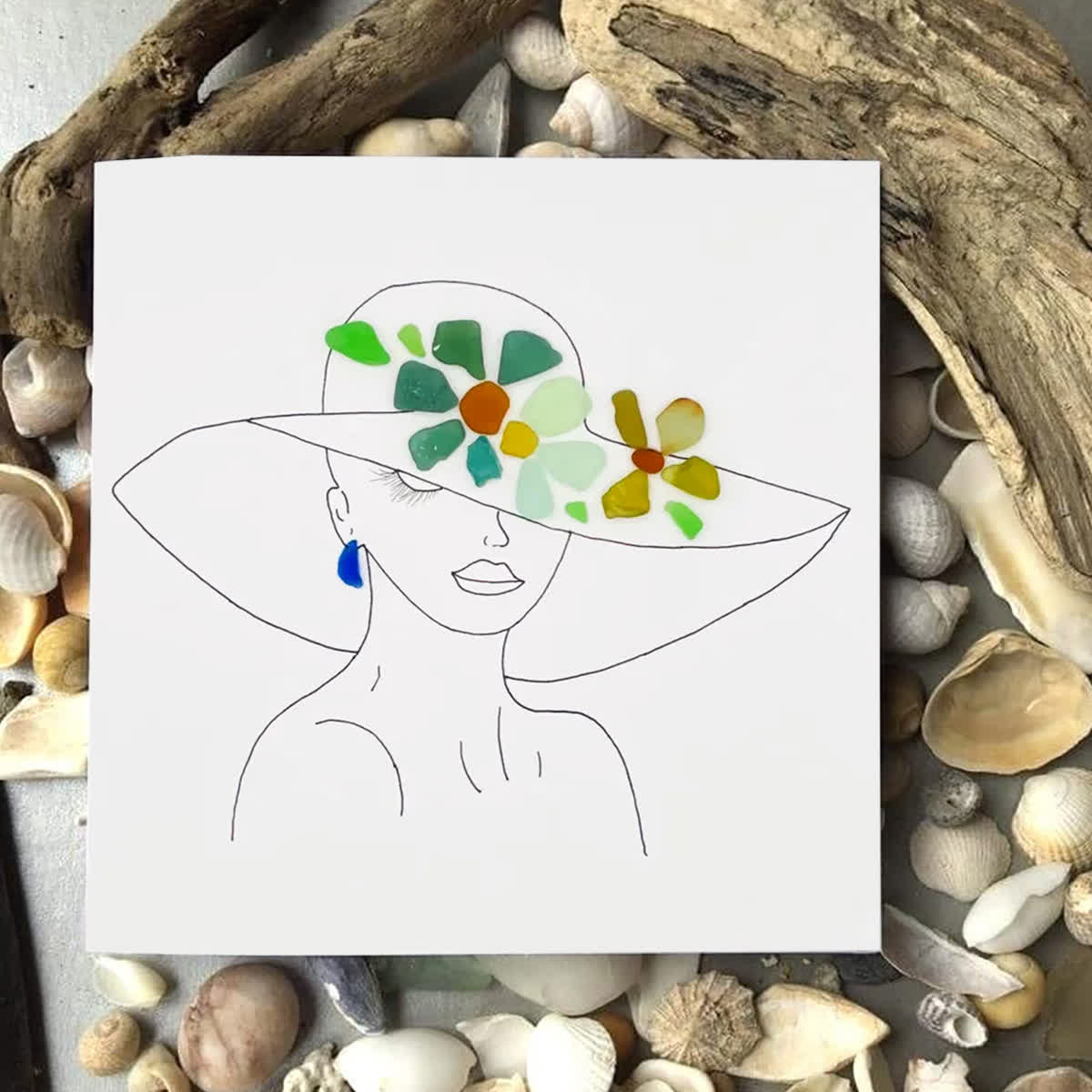Graceful Blooms Lady Portrait Sea Glass Framed Art - Seaglass Card - 8" X 8" - image 1