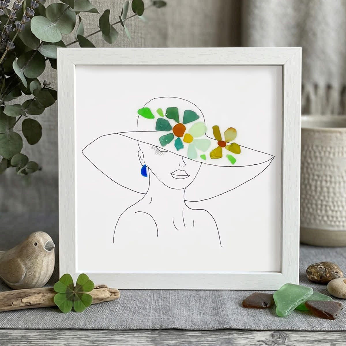 Graceful Blooms Lady Portrait Sea Glass Framed Art - White - 8" X 8" - image 10