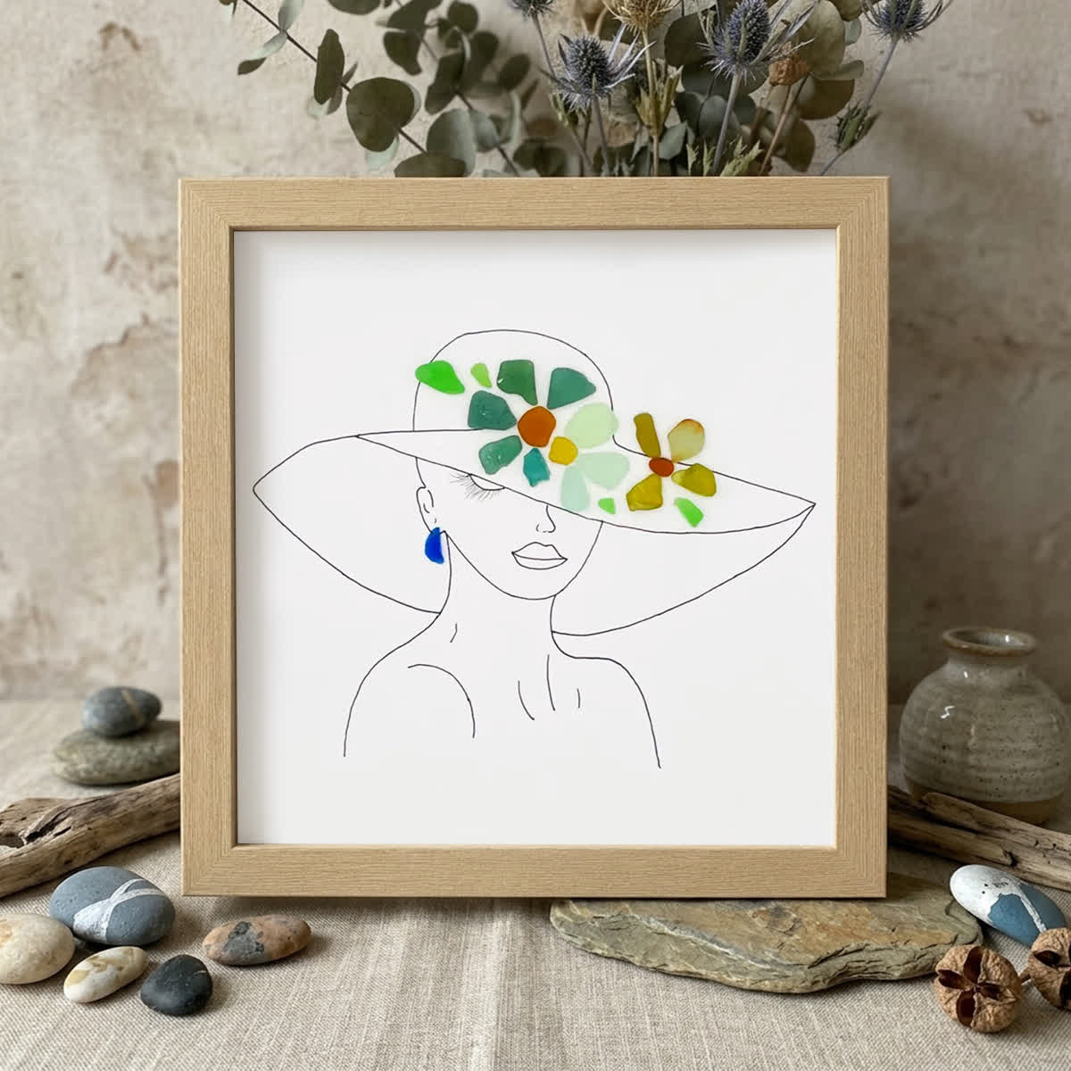 Graceful Blooms Lady Portrait Sea Glass Framed Art - Oak - 8" X 8" - image 9