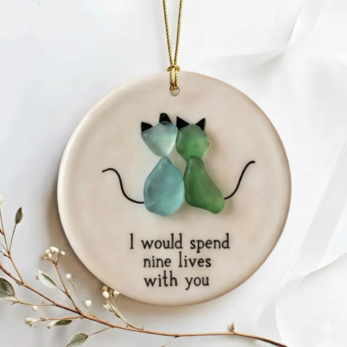 Cat Couple Round-Shaped Sea Glass Hanging Ornament - Buy 5 Get 2 Free(7 Pcs) - 2.87" × 2.87" × 0.12" - image 0