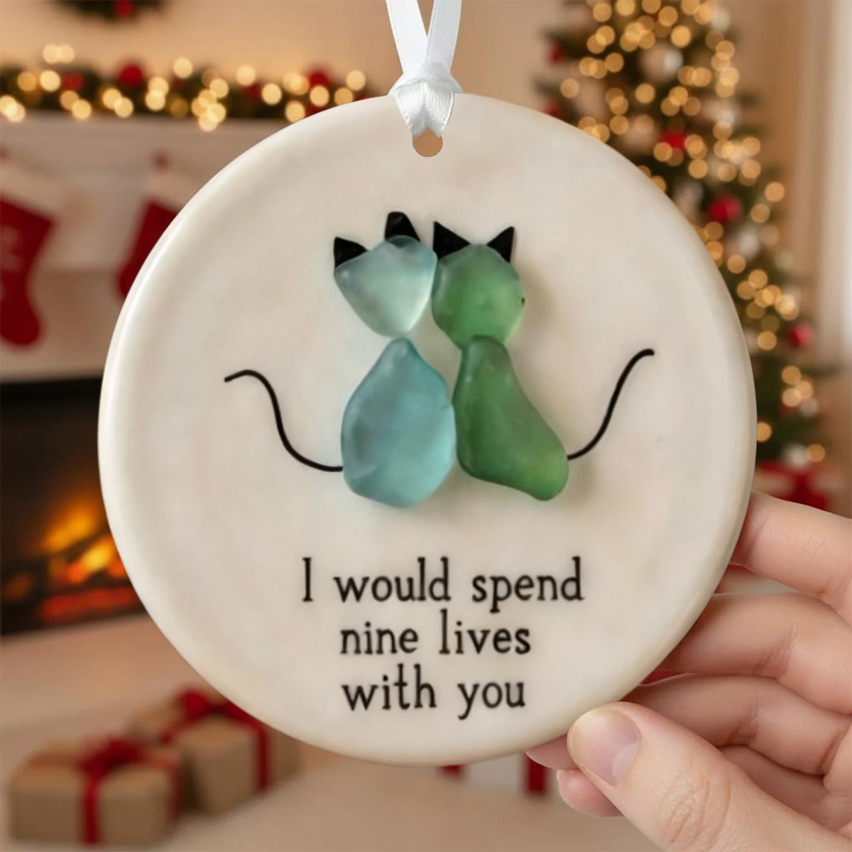Cat Couple Round-Shaped Sea Glass Hanging Ornament - image 1