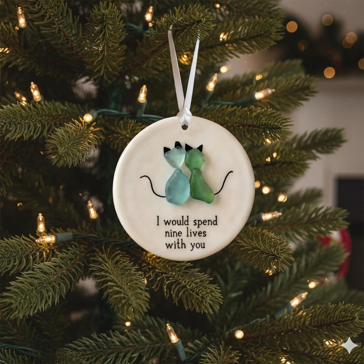 Cat Couple Round-Shaped Sea Glass Hanging Ornament - image 4