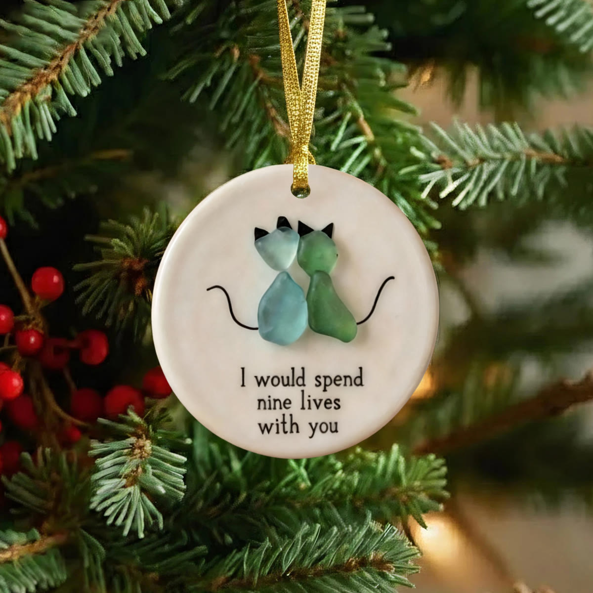 Cat Couple Round-Shaped Sea Glass Hanging Ornament - image 3