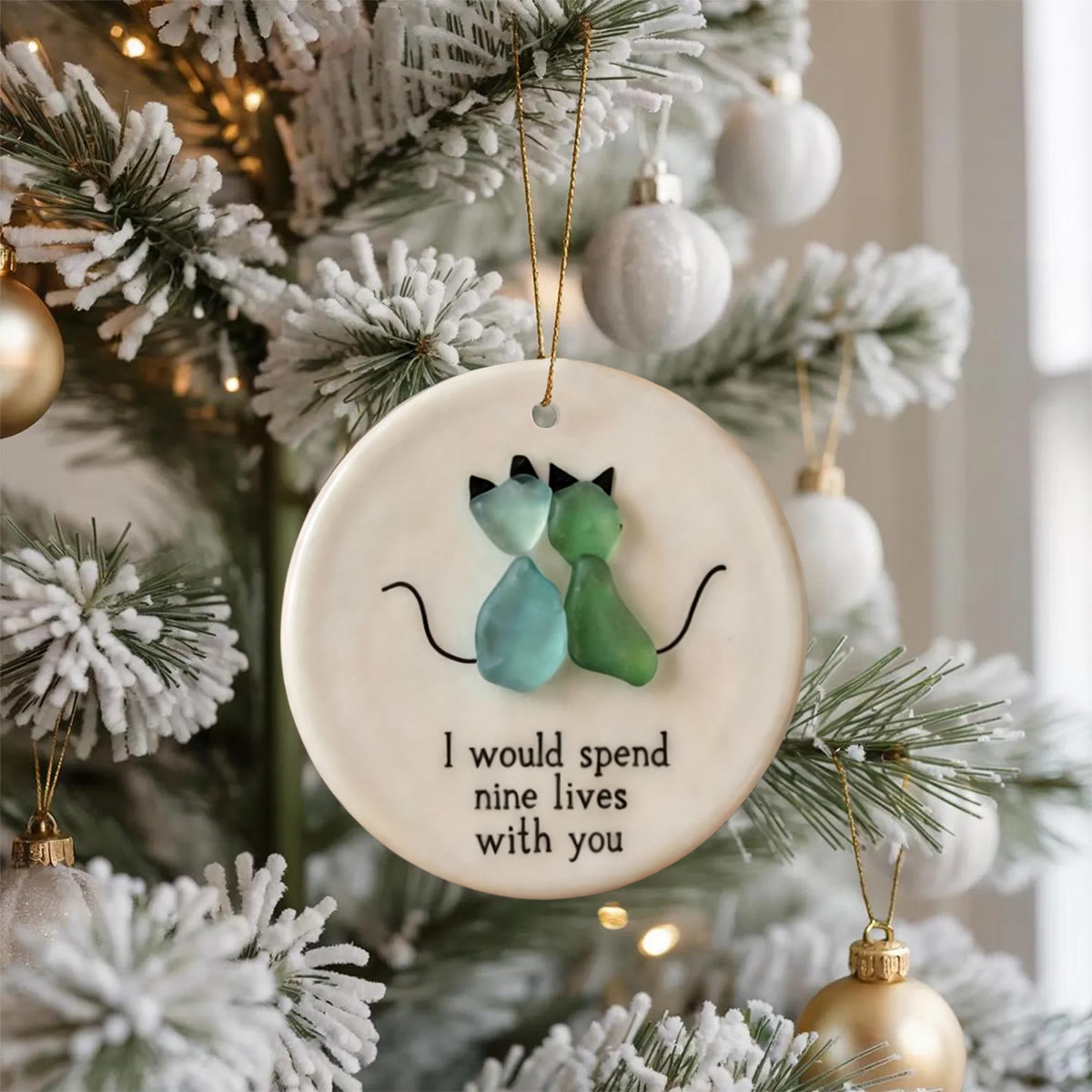 Cat Couple Round-Shaped Sea Glass Hanging Ornament - image 2