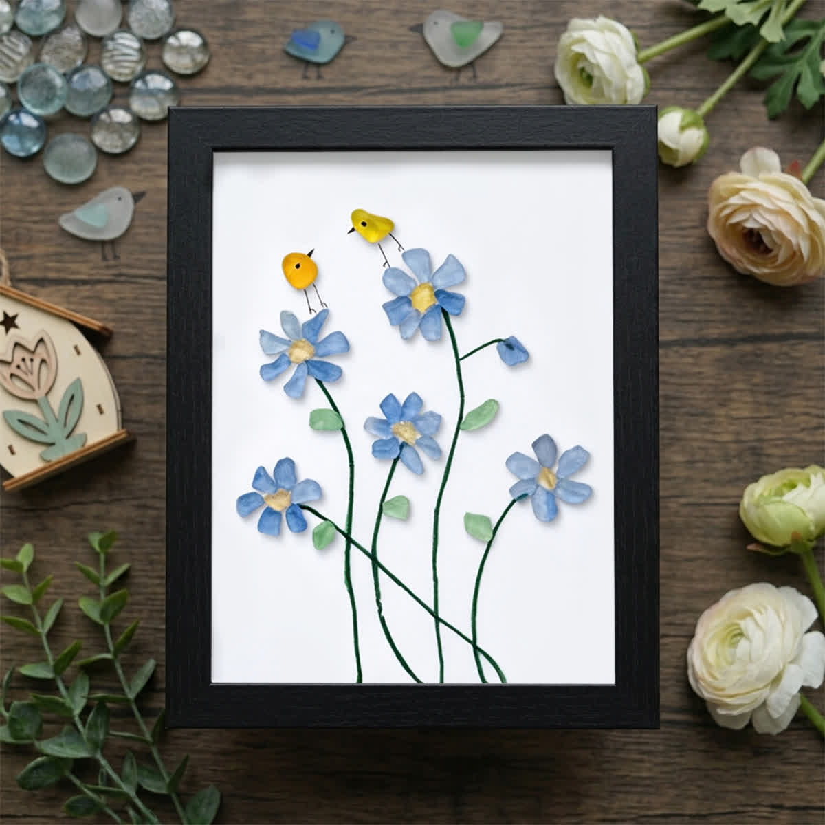 Forget Me Not Flower And Birds Sea Glass Framed Art - Black - 8" X 6" - image 11