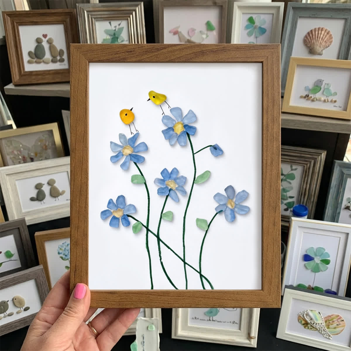 Forget Me Not Flower And Birds Sea Glass Framed Art - Walnut Brown - 8" X 6" - image 10