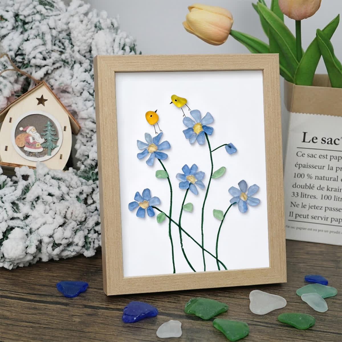 Forget Me Not Flower And Birds Sea Glass Framed Art - Oak - 8" X 6" - image 9
