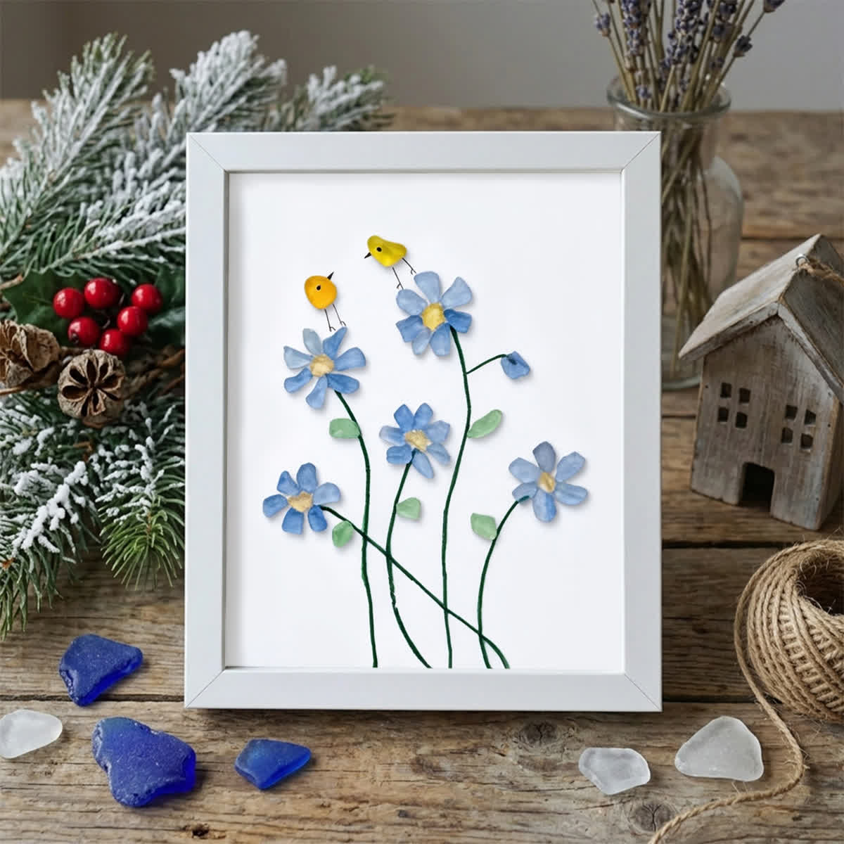 Forget Me Not Flower And Birds Sea Glass Framed Art - White - 8" X 6" - image 12