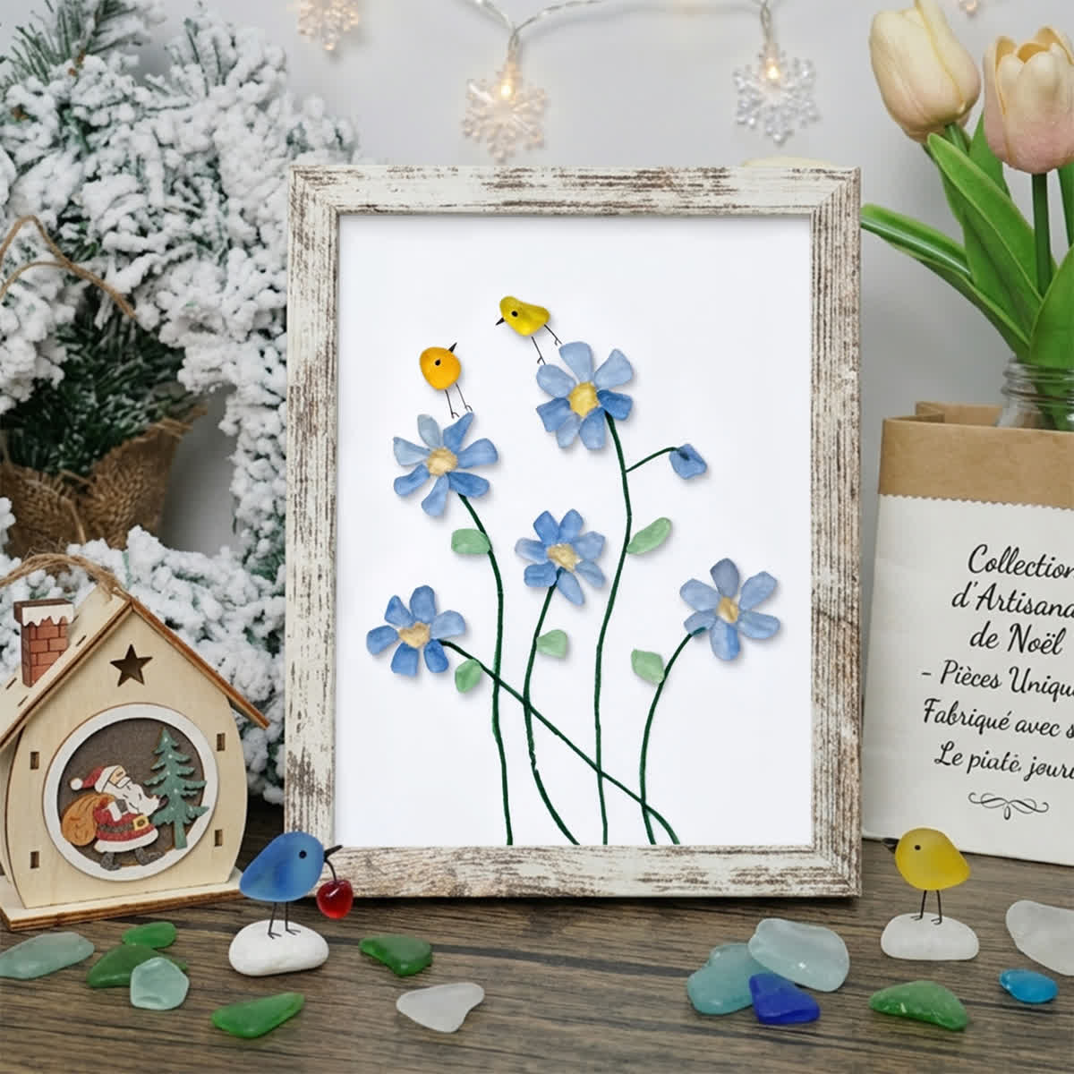 Forget Me Not Flower And Birds Sea Glass Framed Art - Retro White - 8" X 6" - image 13