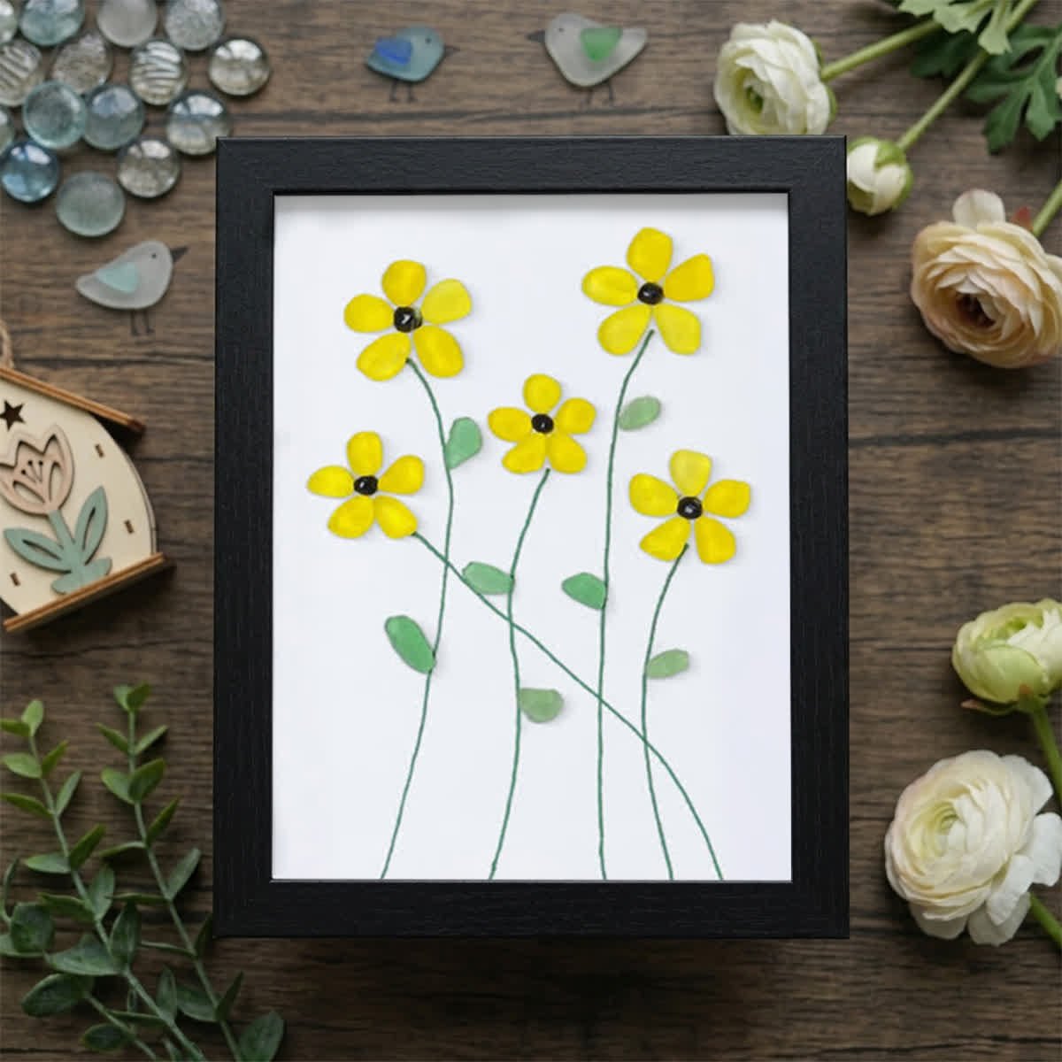 Handcrafted Yellow Flower Sea Glass Framed Art - Black - 8" X 6" - image 10