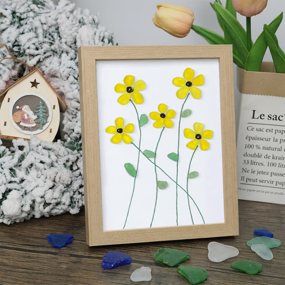 Handcrafted Yellow Flower Sea Glass Framed Art - Oak - 8" X 6" - image 8
