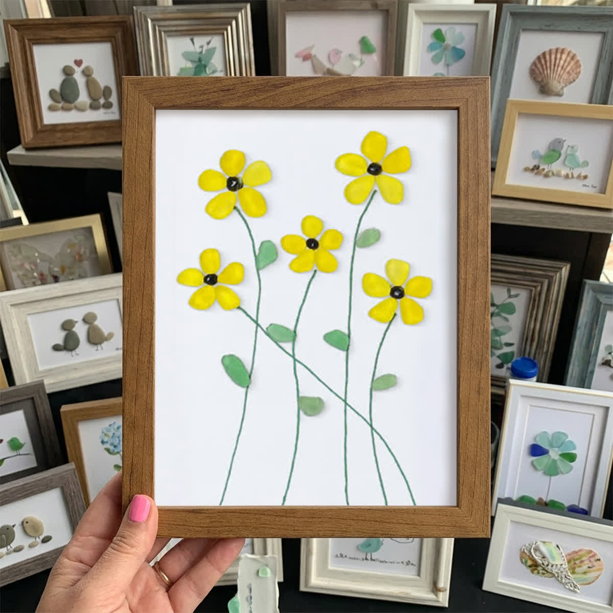 Handcrafted Yellow Flower Sea Glass Framed Art - Walnut Brown - 8" X 6" - image 9