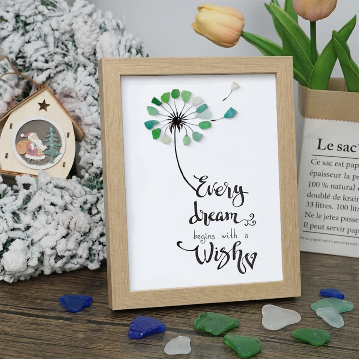 Every Dream Begins With A Wish Sea Glass Framed Art - Oak - 8" X 6" - image 9