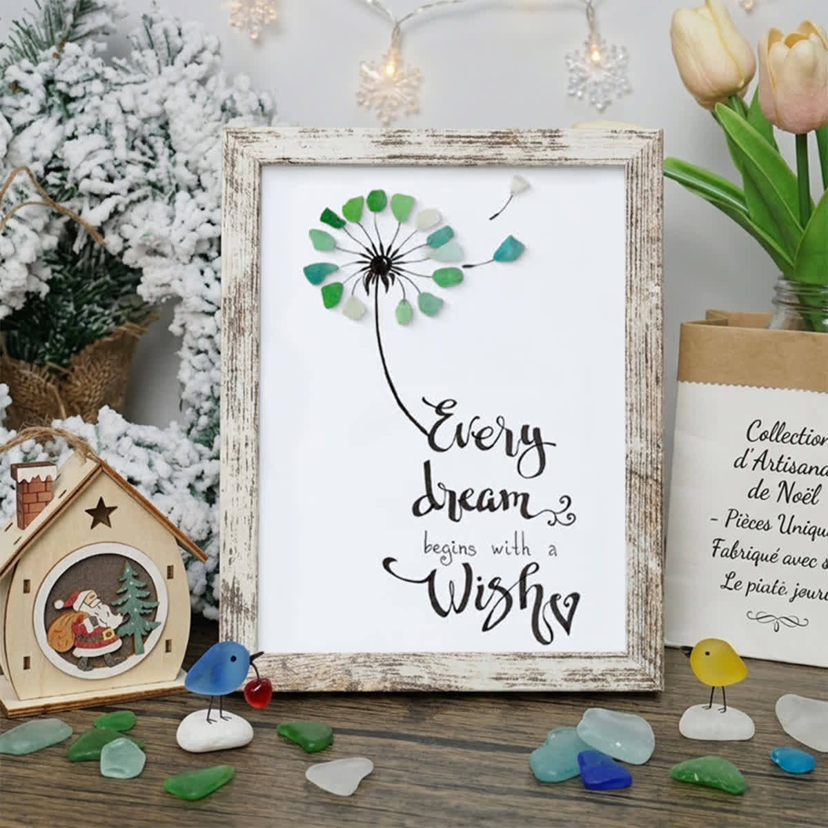 Every Dream Begins With A Wish Sea Glass Framed Art - Retro White - 8" X 6" - image 13