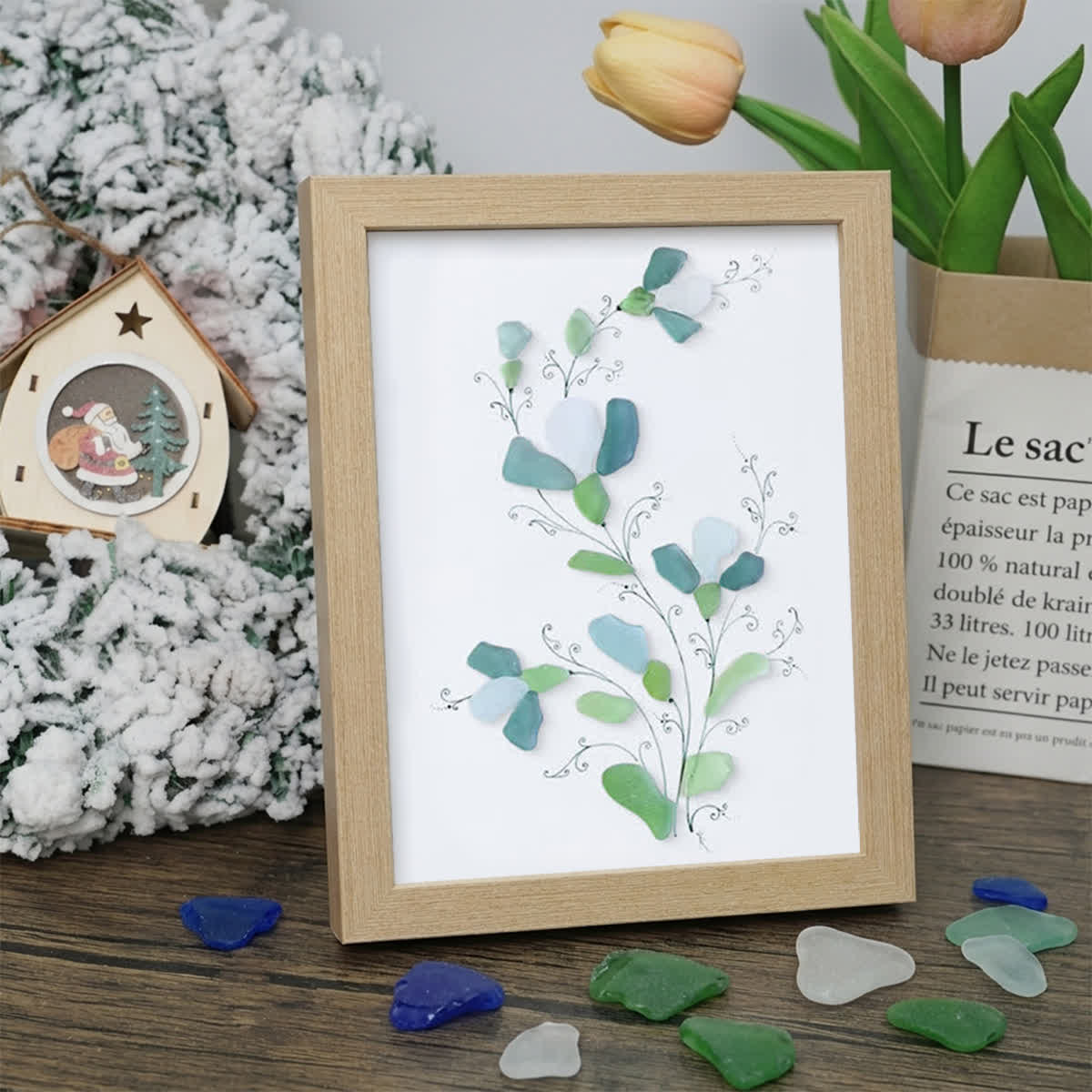 Green And White Fresh Flower Sea Glass Framed Art - Oak - 8" X 6" - image 10