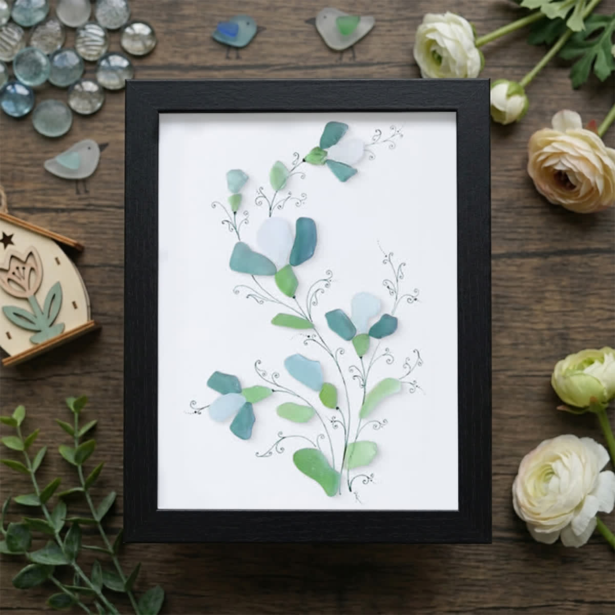 Green And White Fresh Flower Sea Glass Framed Art - Black - 8" X 6" - image 12