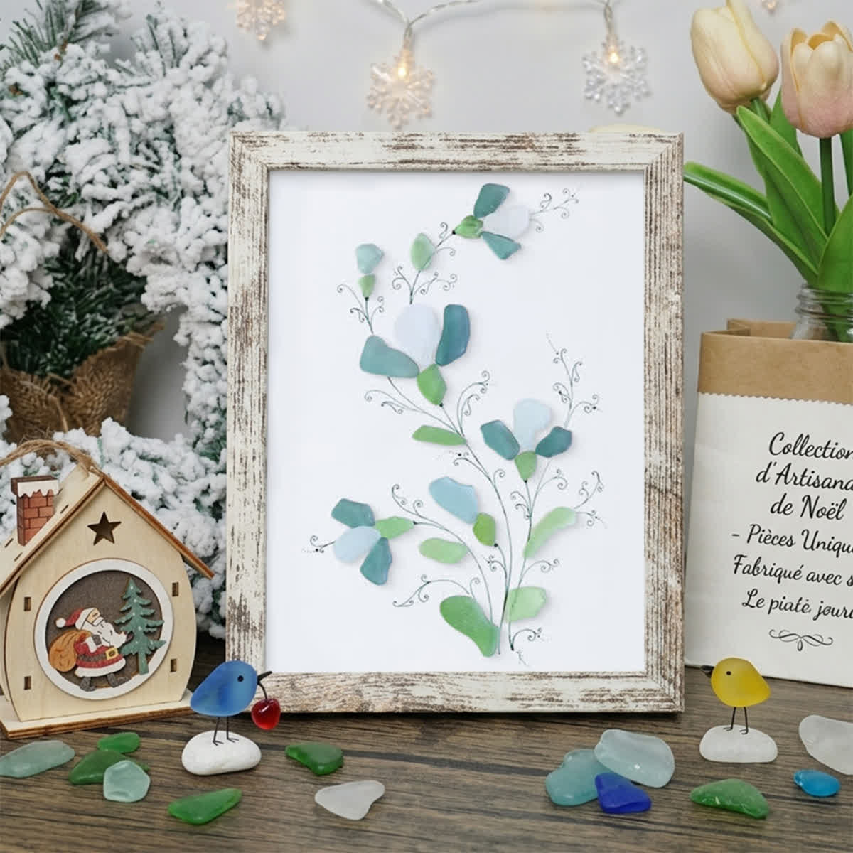 Green And White Fresh Flower Sea Glass Framed Art - Retro White - 8" X 6" - image 14