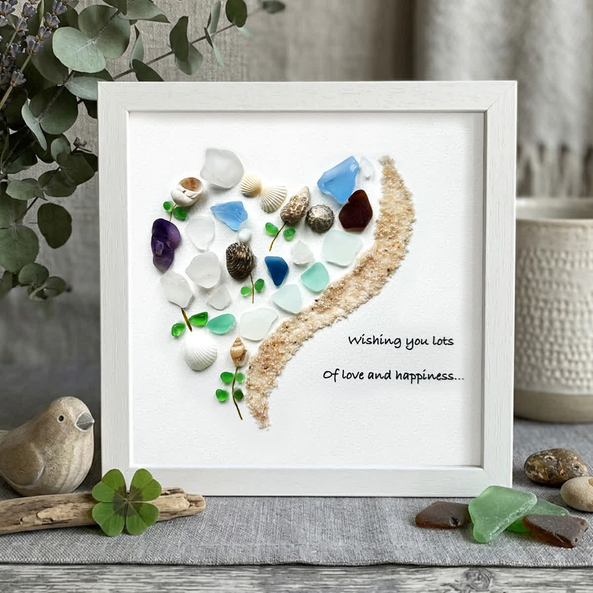 Love and Happiness Sea Glass Framed Art - White - 8" X 8" - image 7