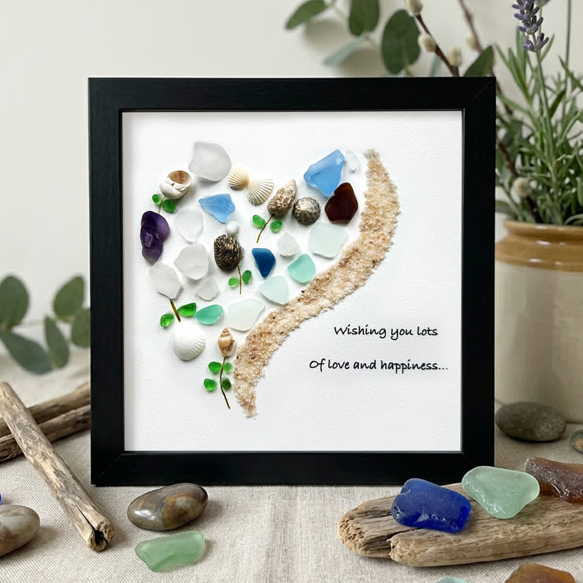 Love and Happiness Sea Glass Framed Art - Black - 8" X 8" - image 6