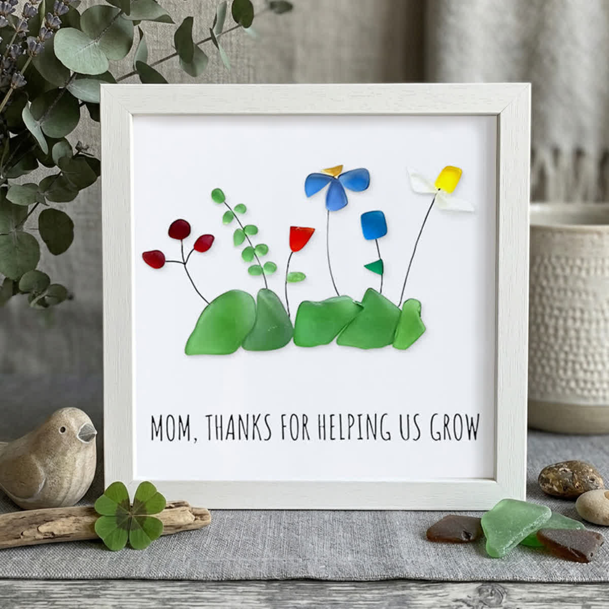 Mom Thanks For Helping Us Grow Sea Glass Framed Art - White - 8" X 8" - image 10