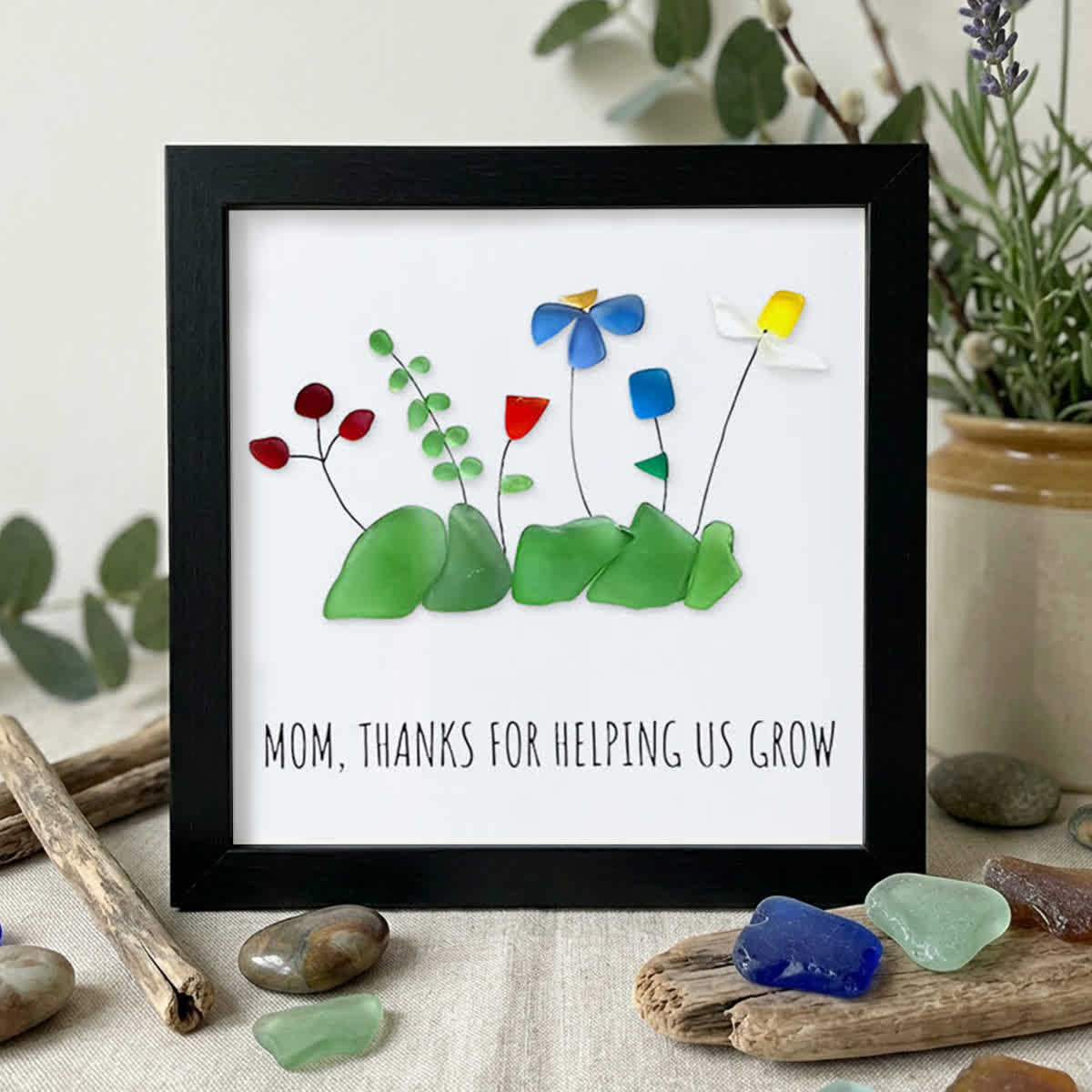 Mom Thanks For Helping Us Grow Sea Glass Framed Art - Black - 8" X 8" - image 9