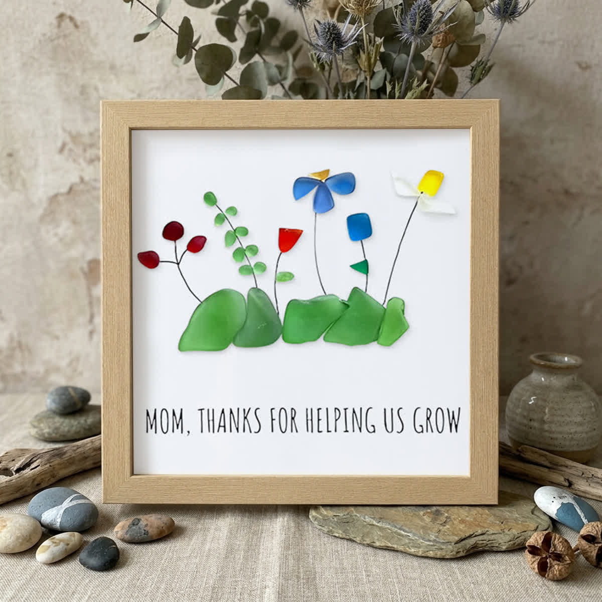 Mom Thanks For Helping Us Grow Sea Glass Framed Art - Oak - 8" X 8" - image 8
