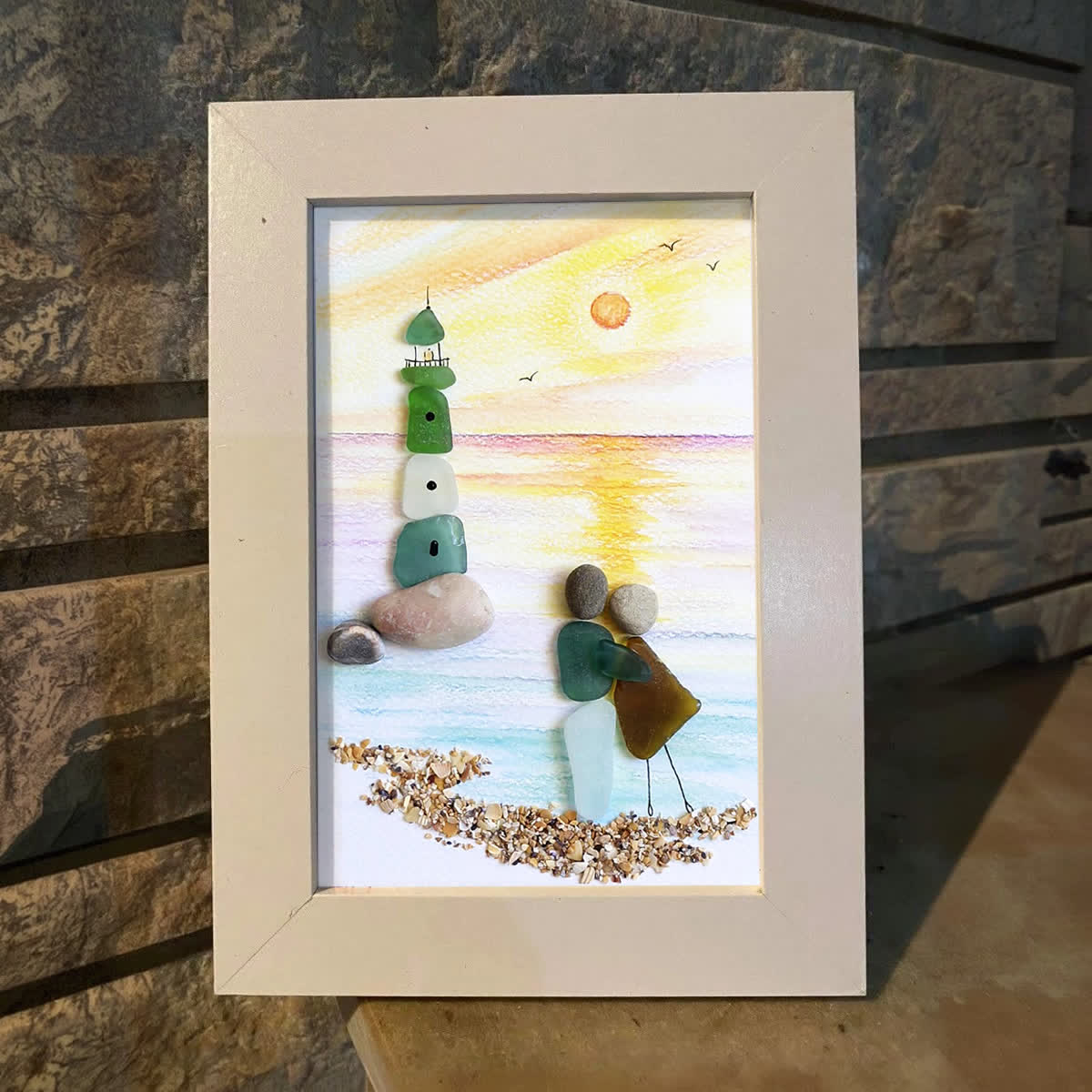 Couple Lighthouse Sunset Sea Glass Framed Art - image 0