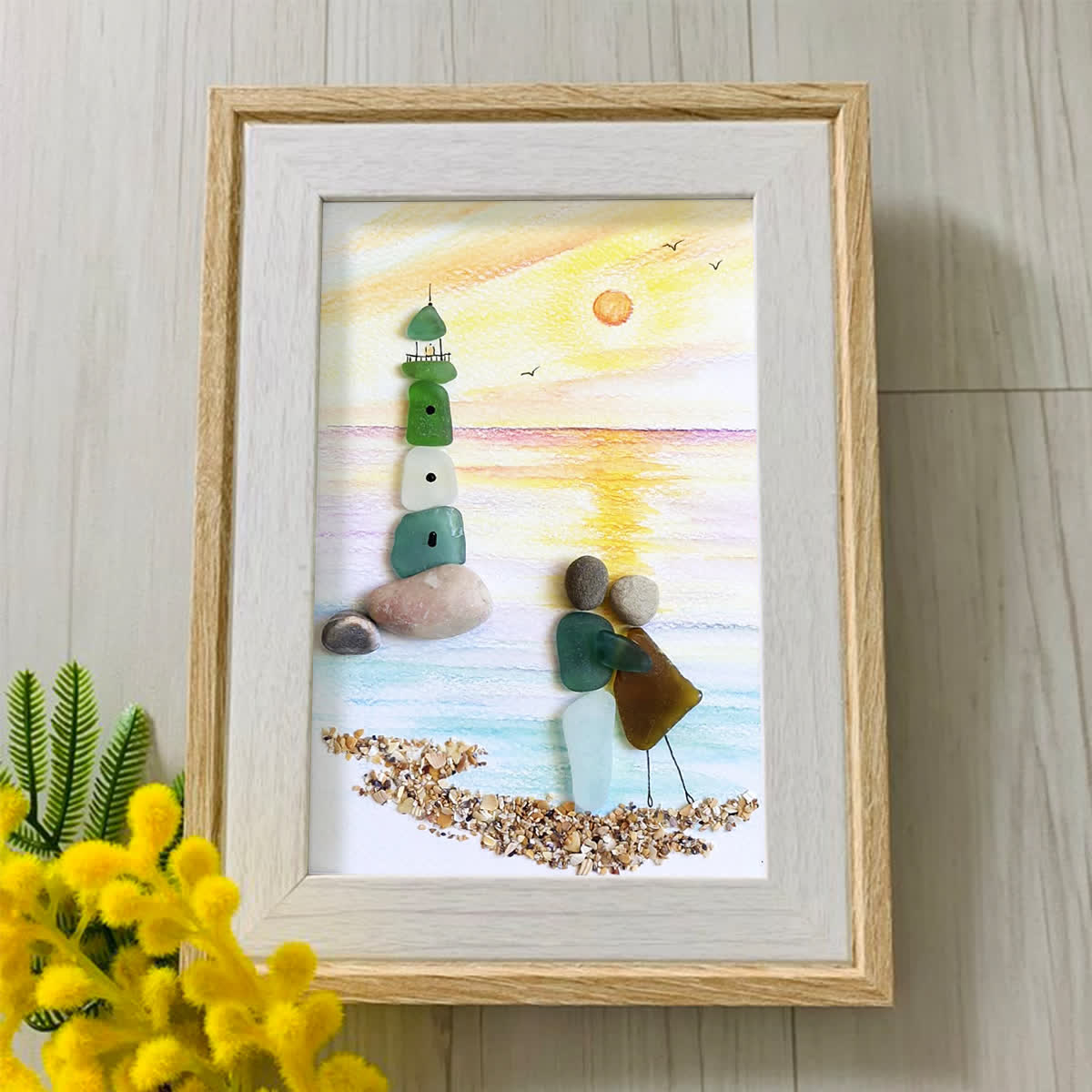 Couple Lighthouse Sunset Sea Glass Framed Art - image 4