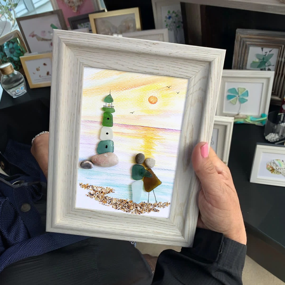 Couple Lighthouse Sunset Sea Glass Framed Art - image 5