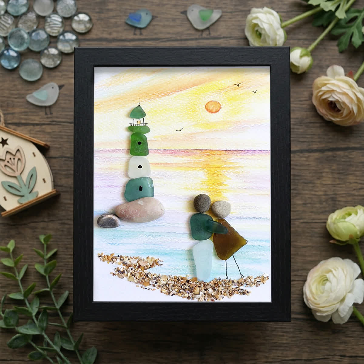 Couple Lighthouse Sunset Sea Glass Framed Art - Black - 8" X 6" - image 8