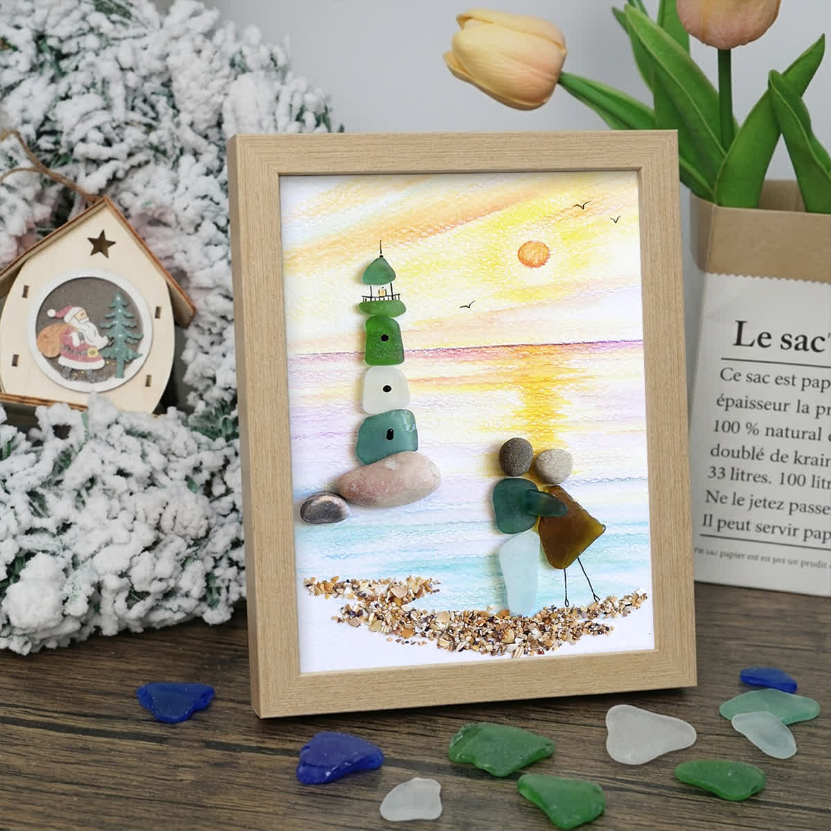 Couple Lighthouse Sunset Sea Glass Framed Art - Oak - 8" X 6" - image 6