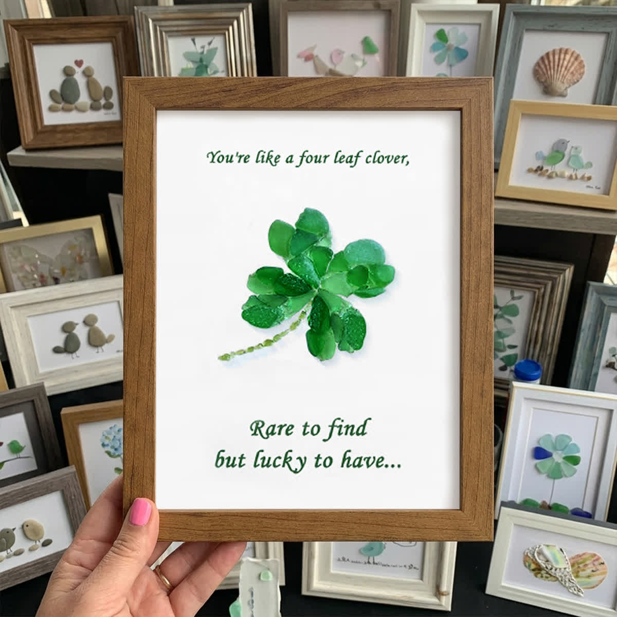 You Are My Four Leaf Clover Sea Glass Framed Art - Walnut Brown - 8" X 6" - image 7