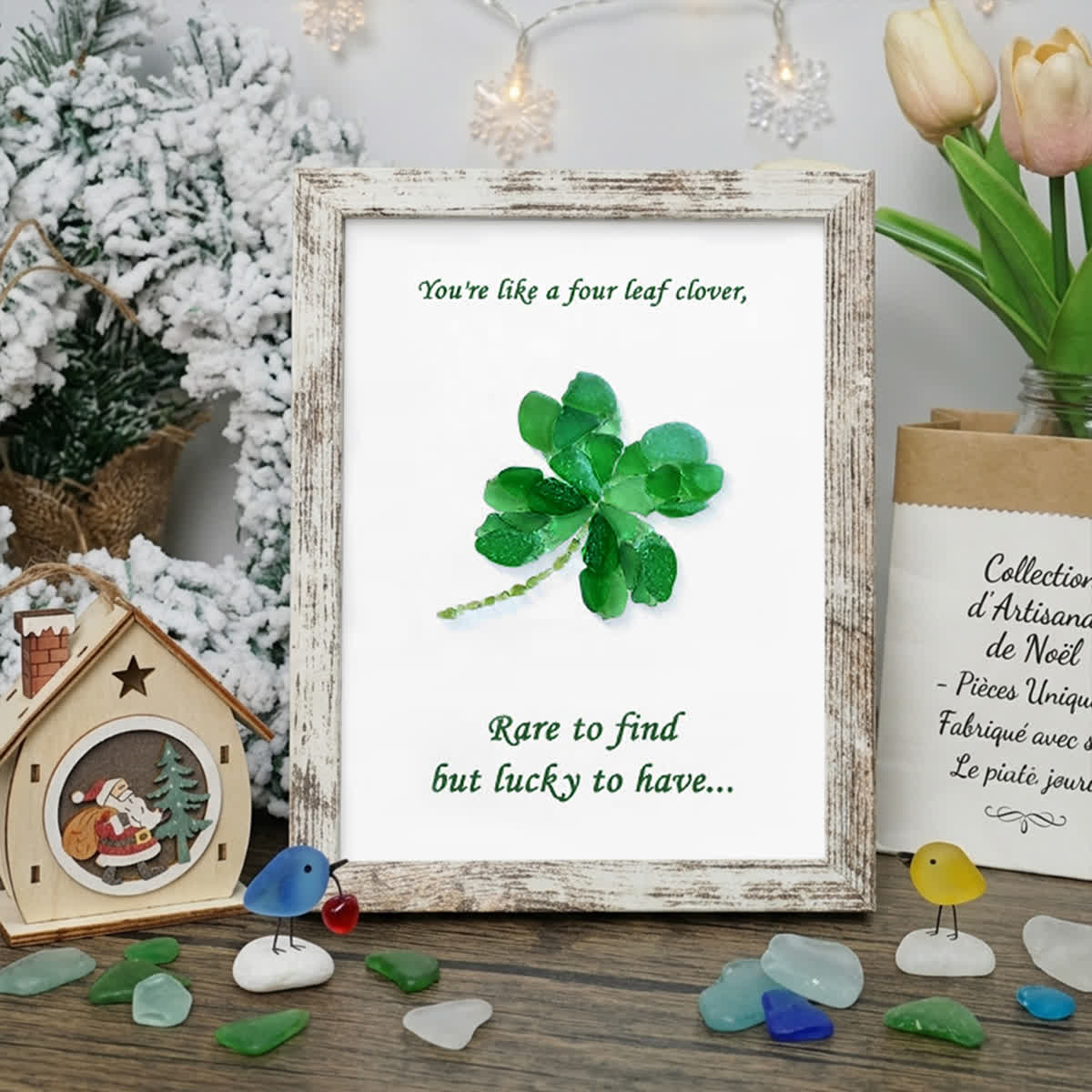 You Are My Four Leaf Clover Sea Glass Framed Art - Retro White - 8" X 6" - image 10