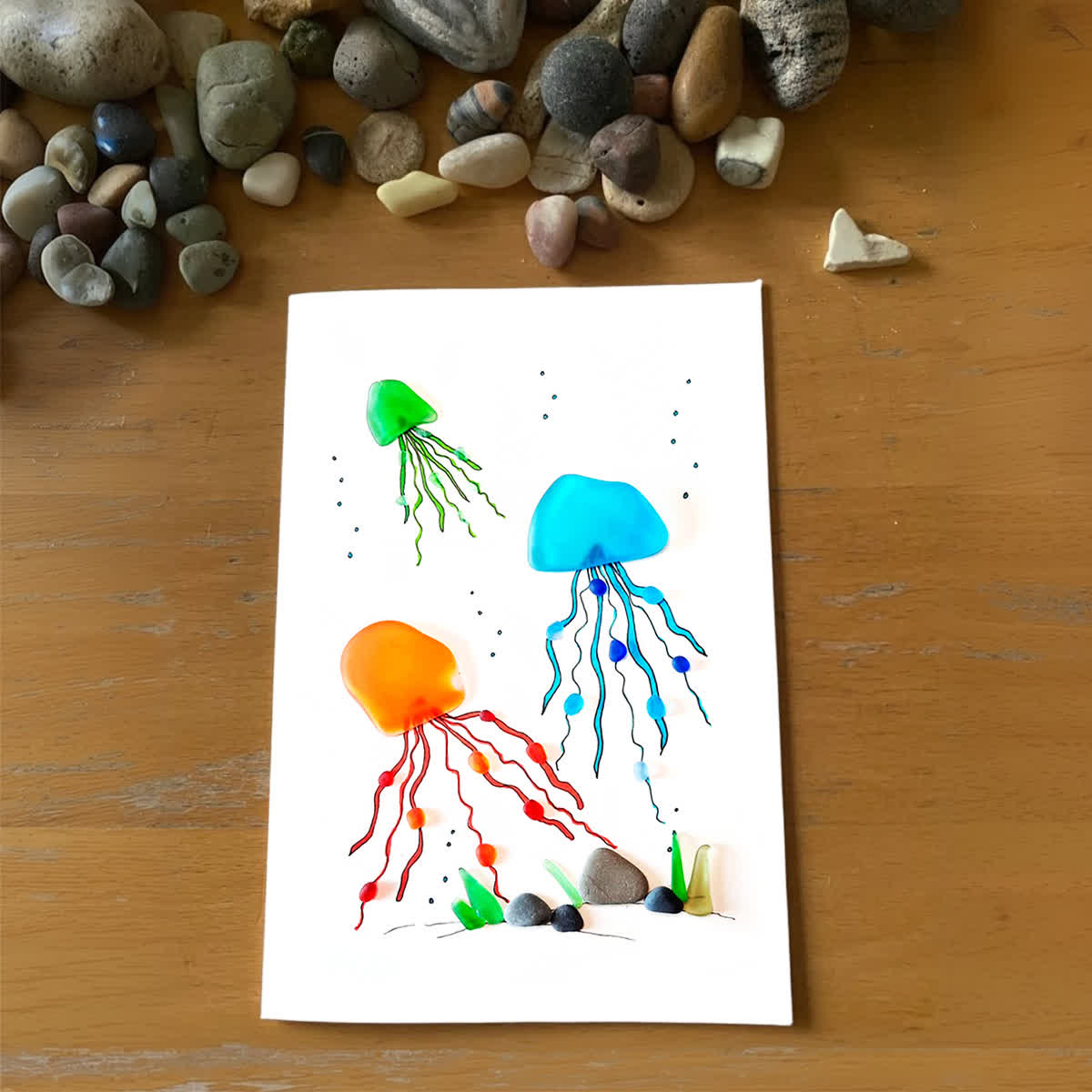 Ocean Depths Jellyfish Family Sea Glass Framed Art - Seaglass Card - 8" X 6" - image 1