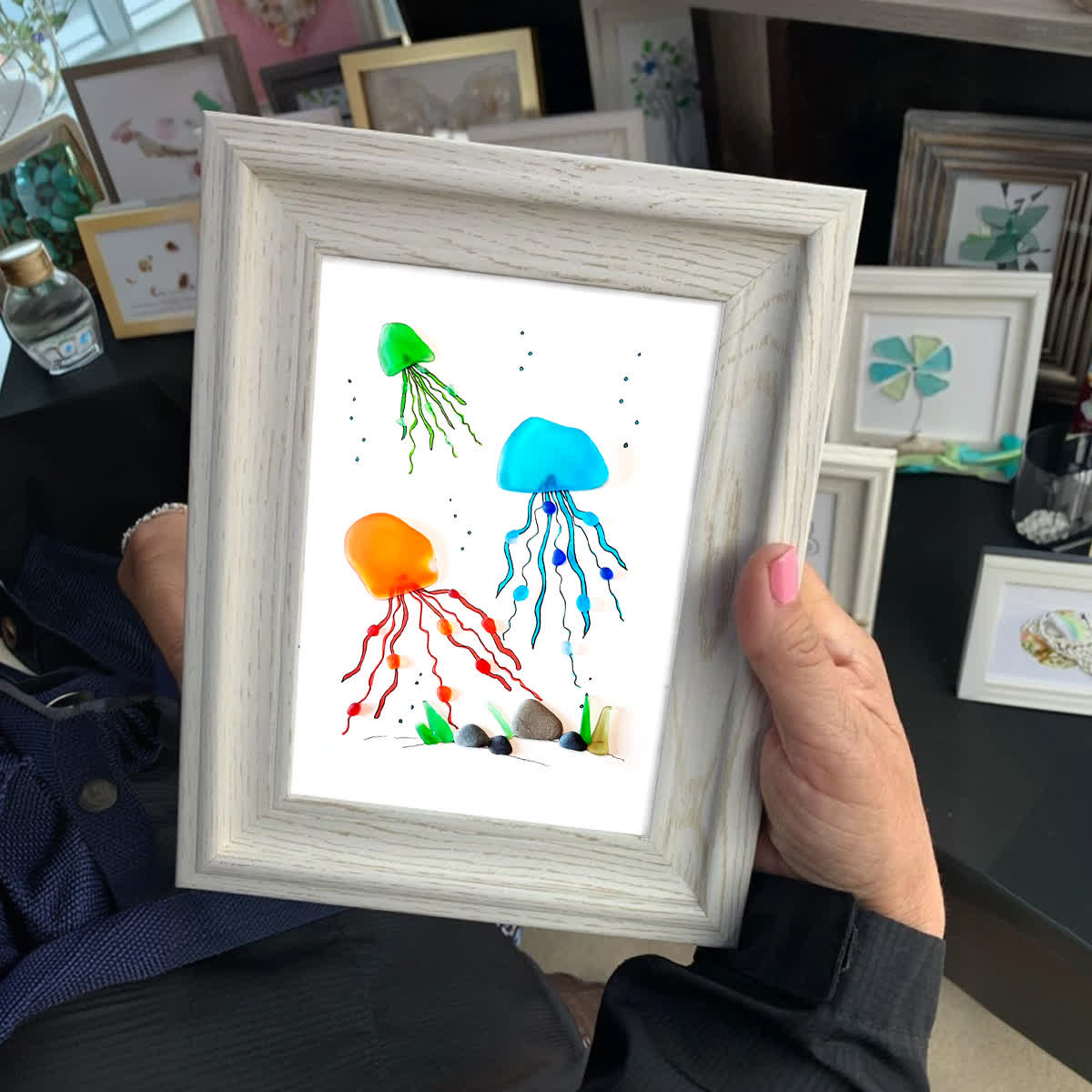 Ocean Depths Jellyfish Family Sea Glass Framed Art - image 5