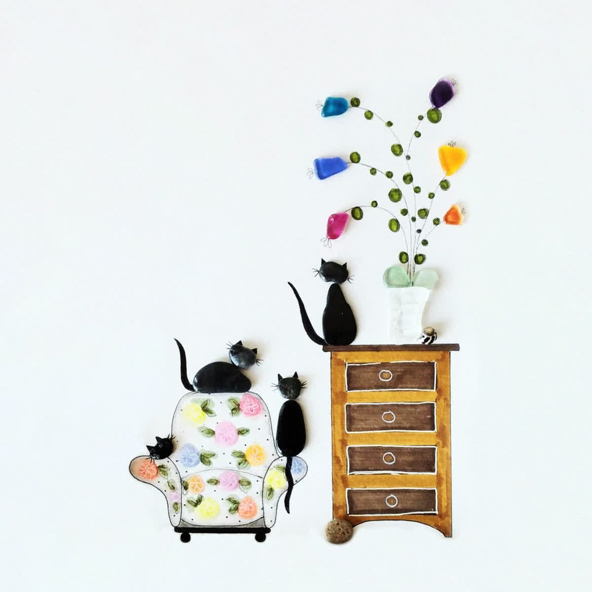 Cozy Home Cats Scene Sea Glass Framed Art - image 2