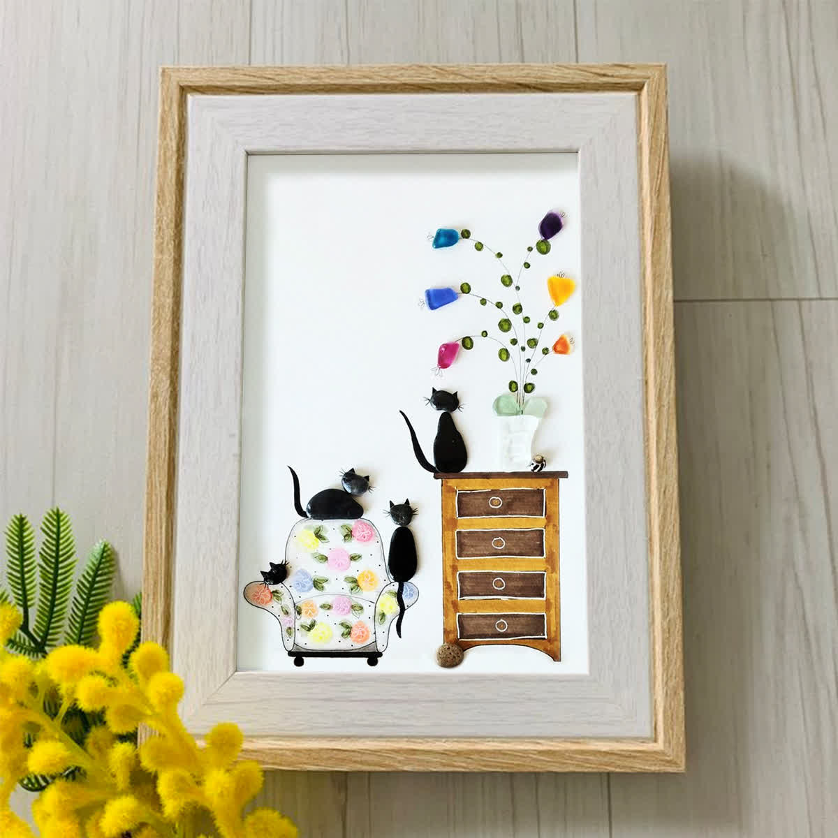 Cozy Home Cats Scene Sea Glass Framed Art - image 4