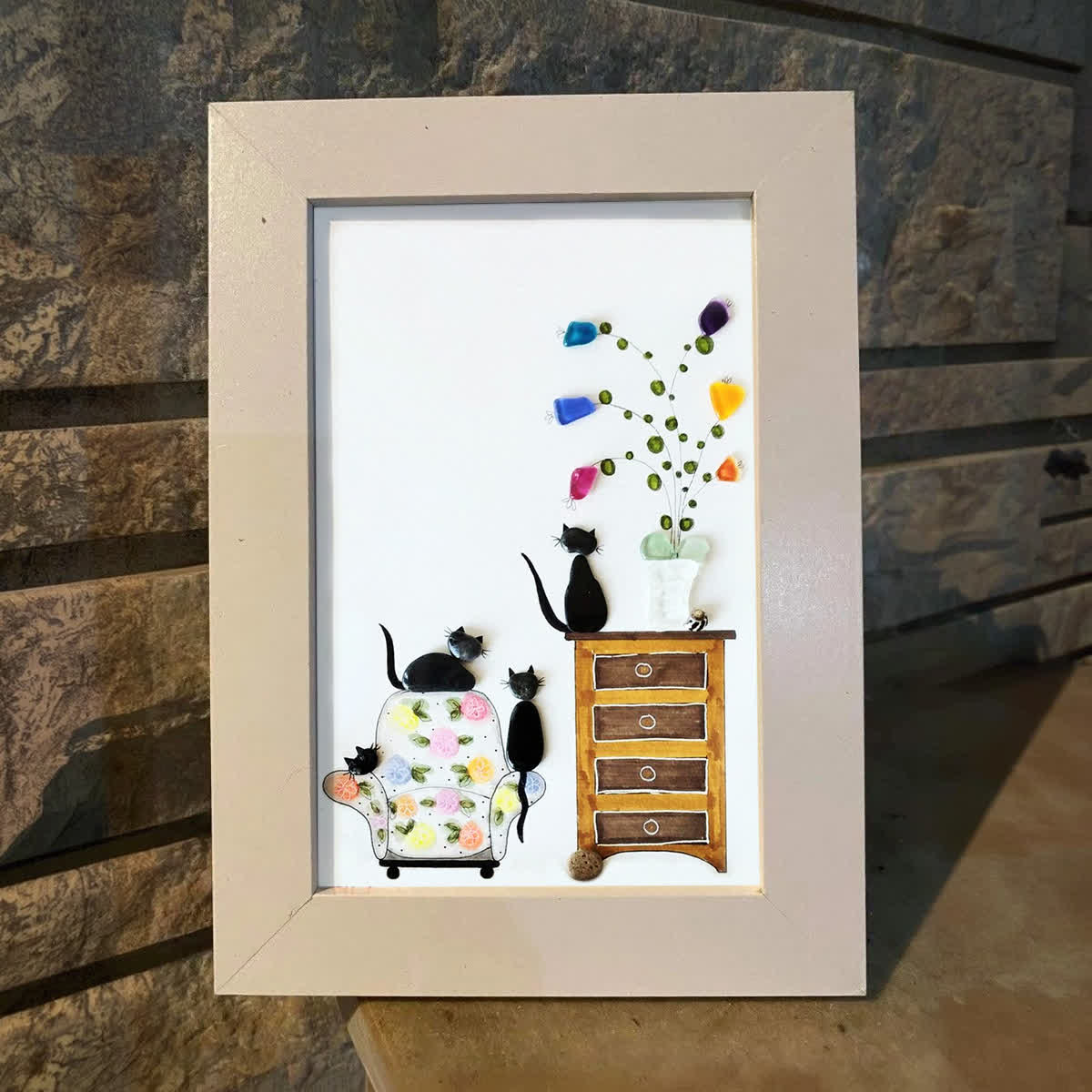 Cozy Home Cats Scene Sea Glass Framed Art - image 3