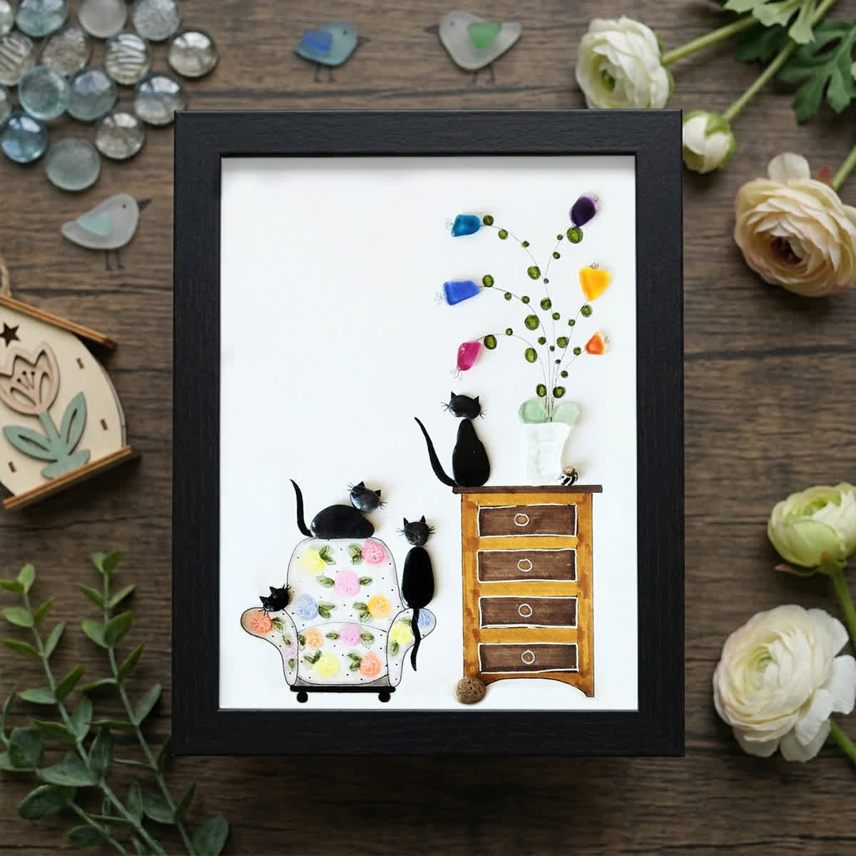 Cozy Home Cats Scene Sea Glass Framed Art - Black - 8" X 6" - image 8