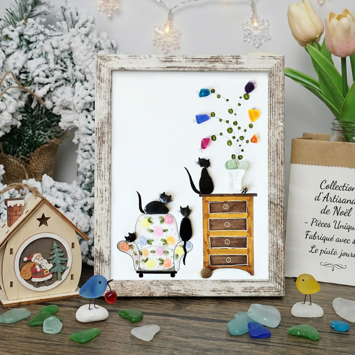 Cozy Home Cats Scene Sea Glass Framed Art - Retro White - 8" X 6" - image 10