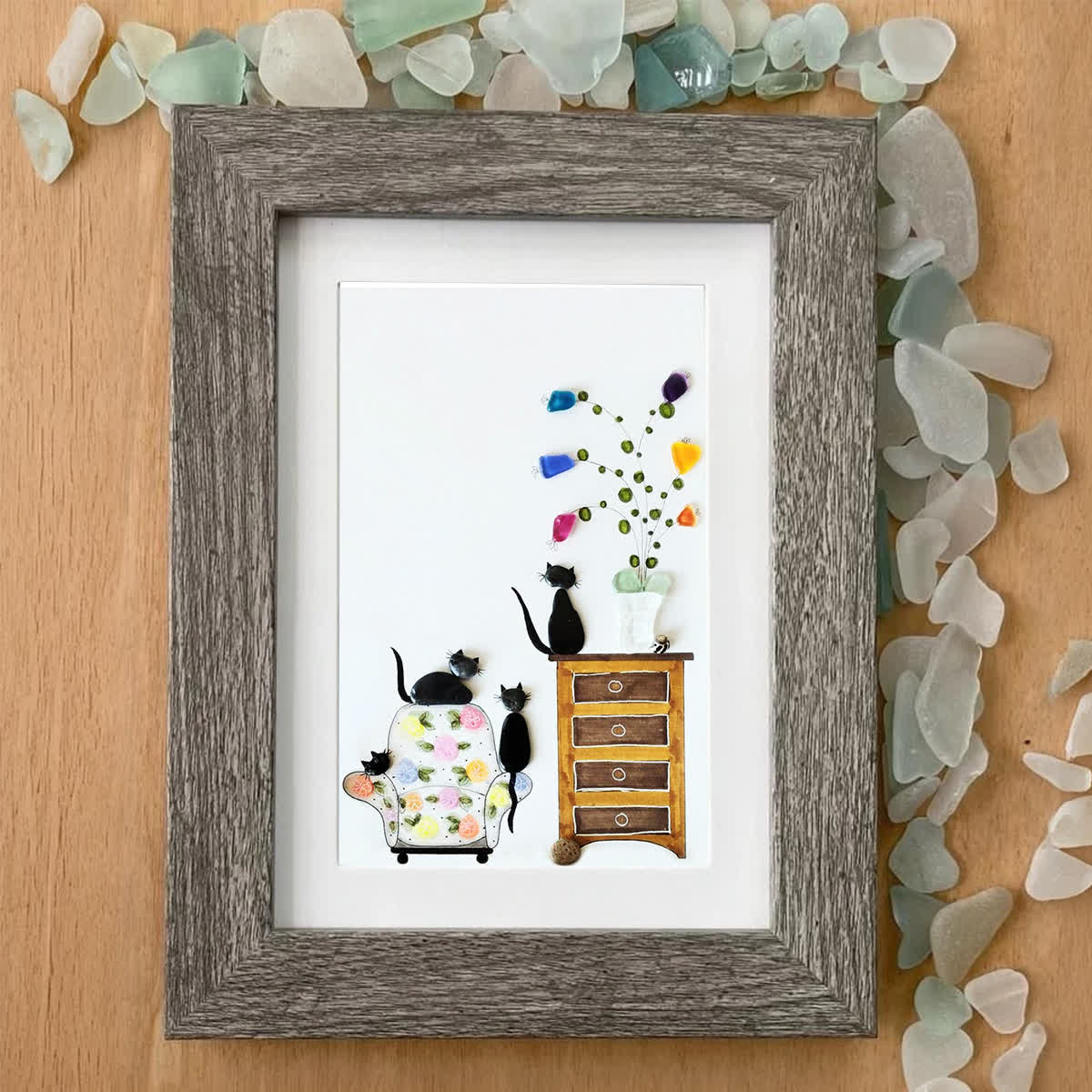 Cozy Home Cats Scene Sea Glass Framed Art - image 6