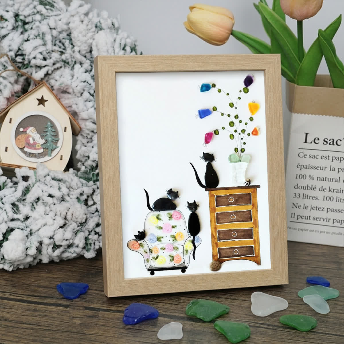 Cozy Home Cats Scene Sea Glass Framed Art - Oak - 8" X 6" - image 0