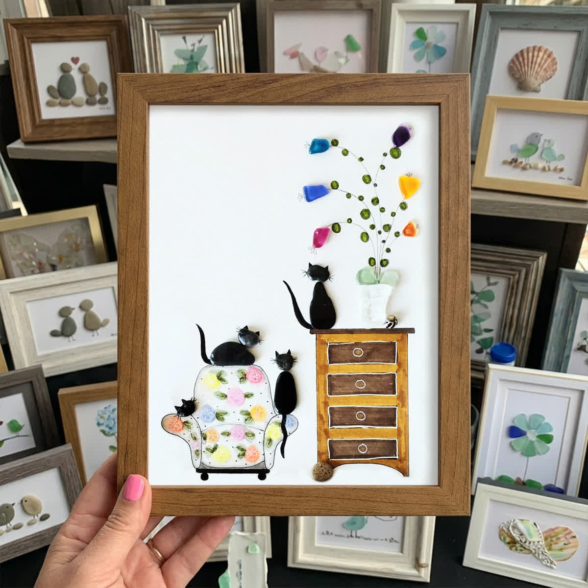 Cozy Home Cats Scene Sea Glass Framed Art - Walnut Brown - 8" X 6" - image 7