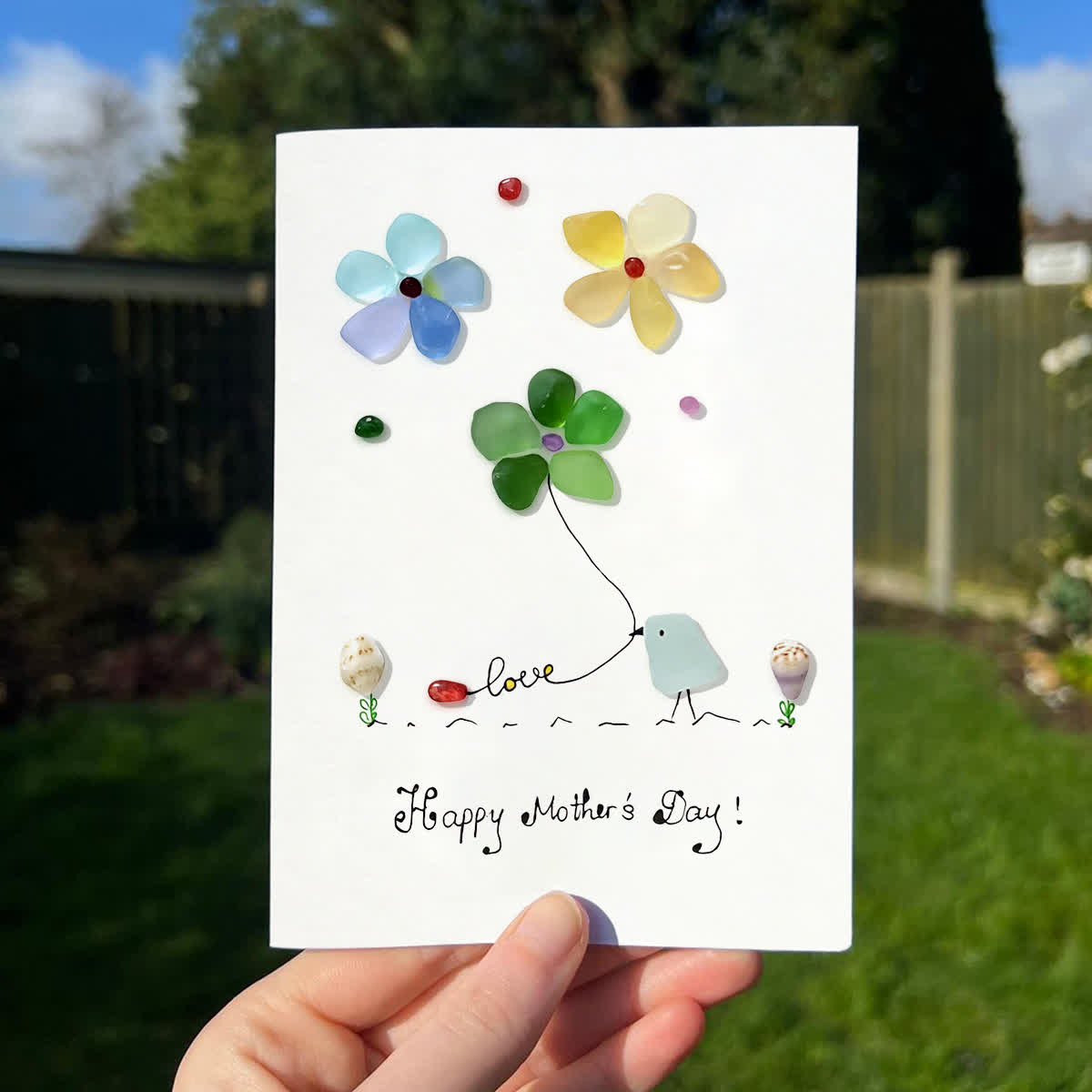Mother's Day Colorful Bird & Flowers Sea Glass Framed Art - Seaglass Card - 8" X 6" - image 1