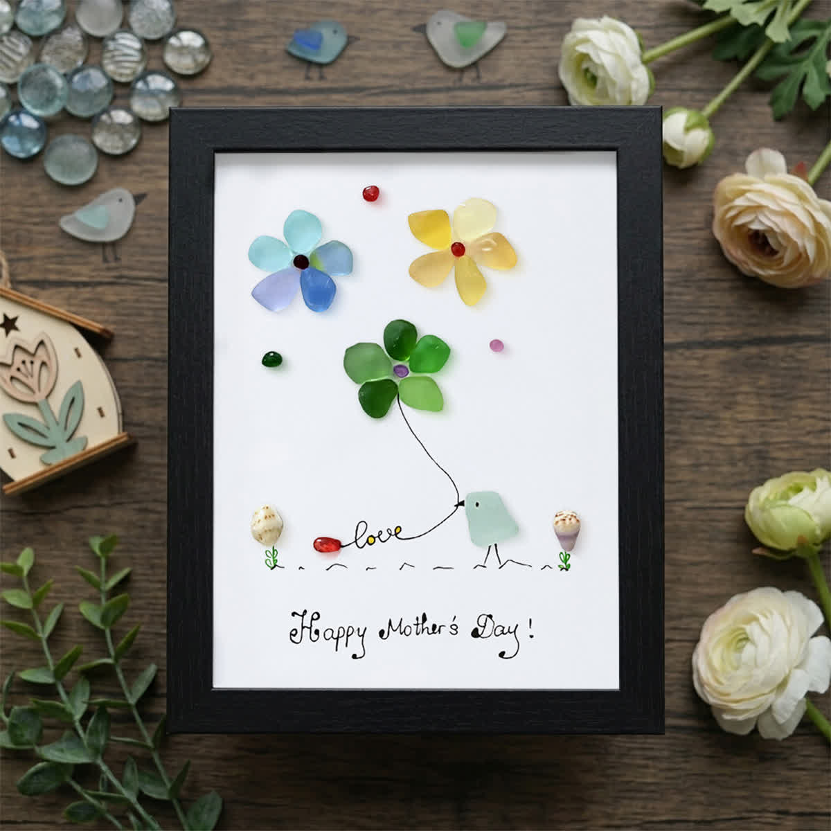 Mother's Day Colorful Bird & Flowers Sea Glass Framed Art - Black - 8" X 6" - image 13