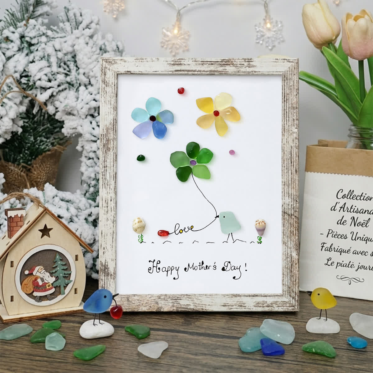 Mother's Day Colorful Bird & Flowers Sea Glass Framed Art - Retro White - 8" X 6" - image 15