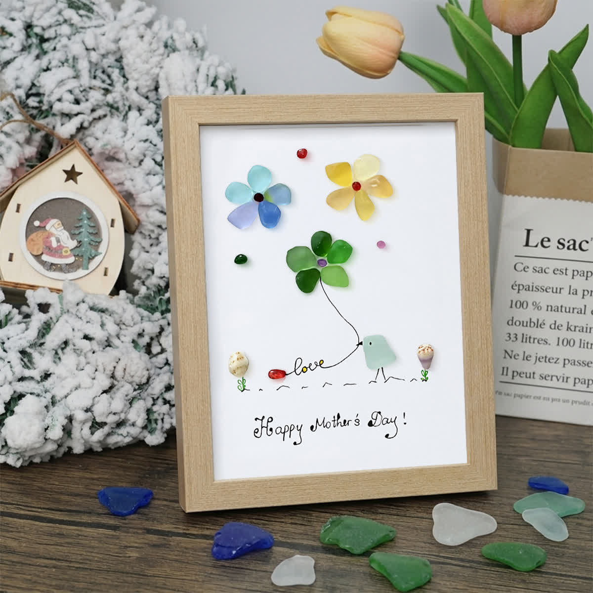 Mother's Day Colorful Bird & Flowers Sea Glass Framed Art - Oak - 8" X 6" - image 12