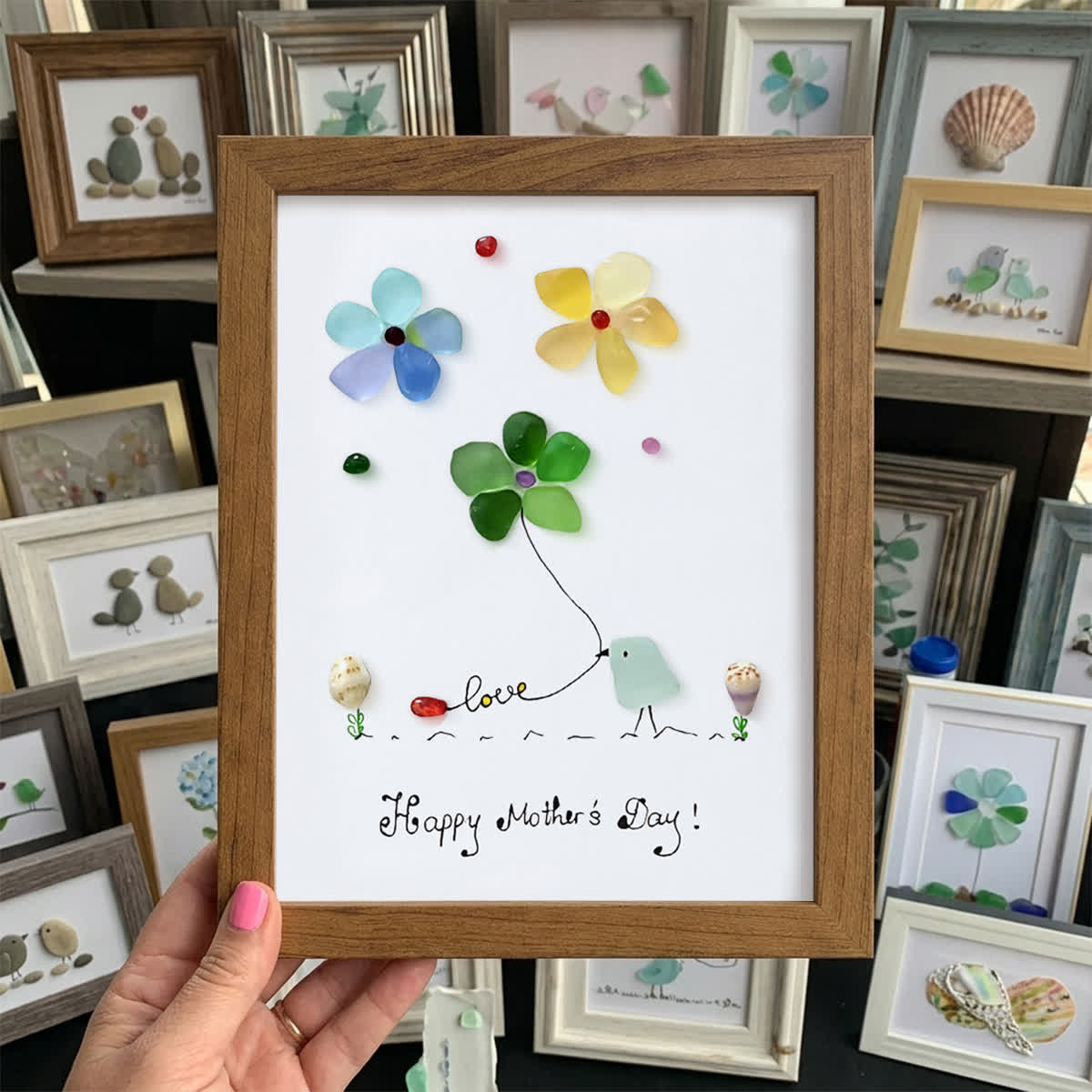 Mother's Day Colorful Bird & Flowers Sea Glass Framed Art - Walnut Brown - 8" X 6" - image 0