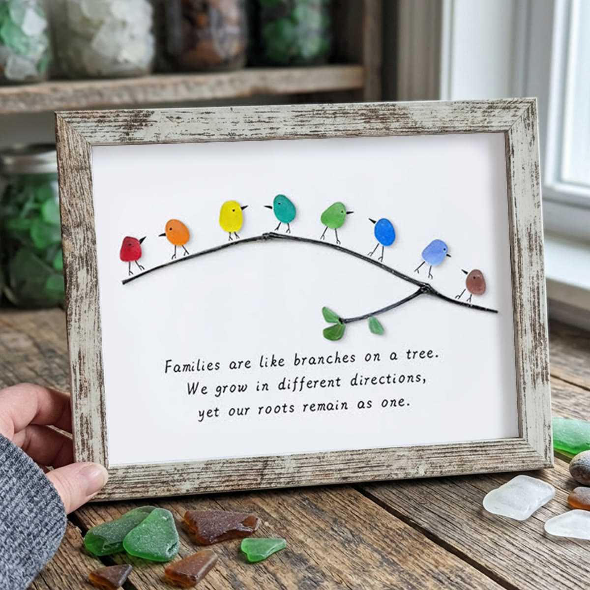 Family Birds On Branch Sea Glass Framed Art - Retro White - 6" X 8" - image 11