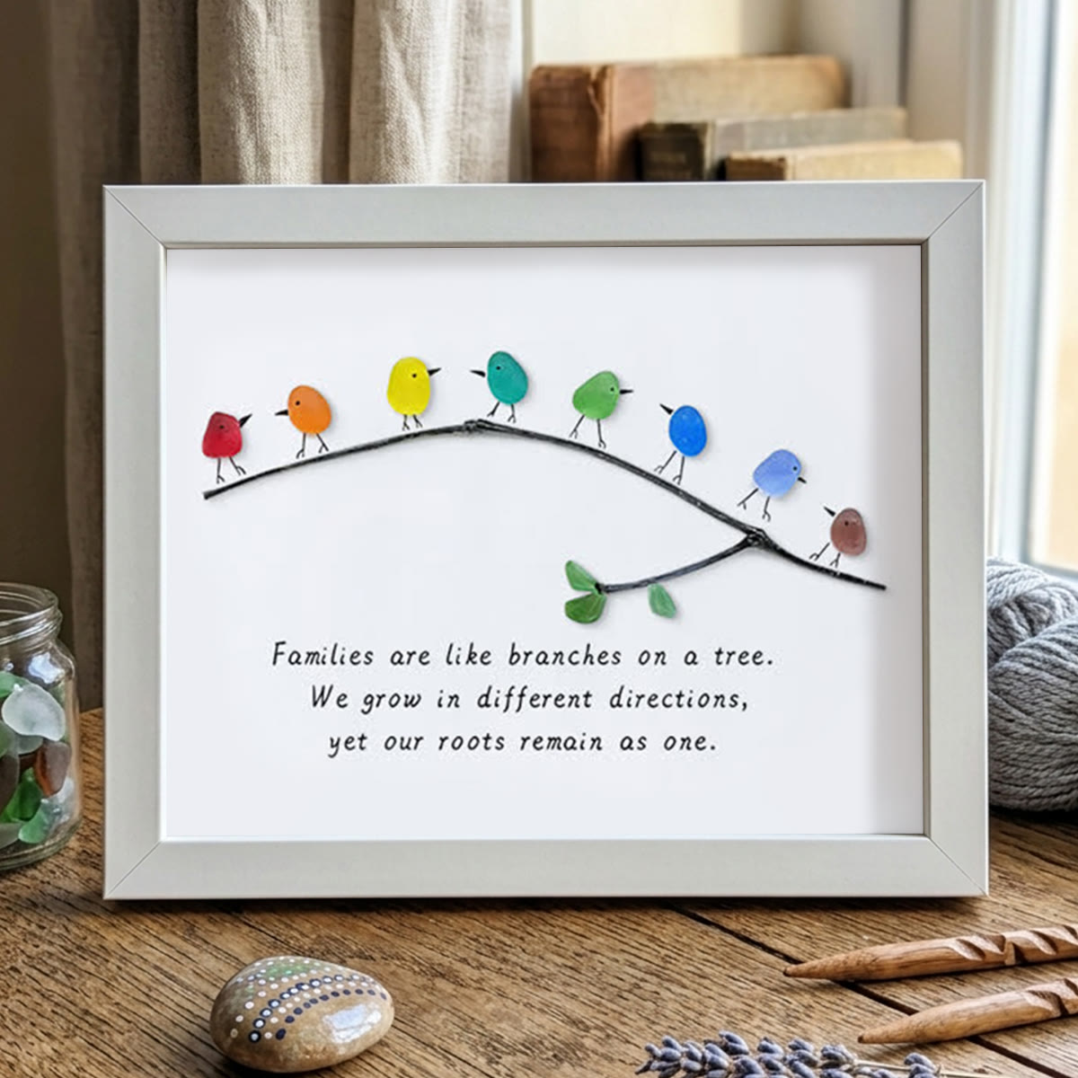 Family Birds On Branch Sea Glass Framed Art - White - 6" X 8" - image 10